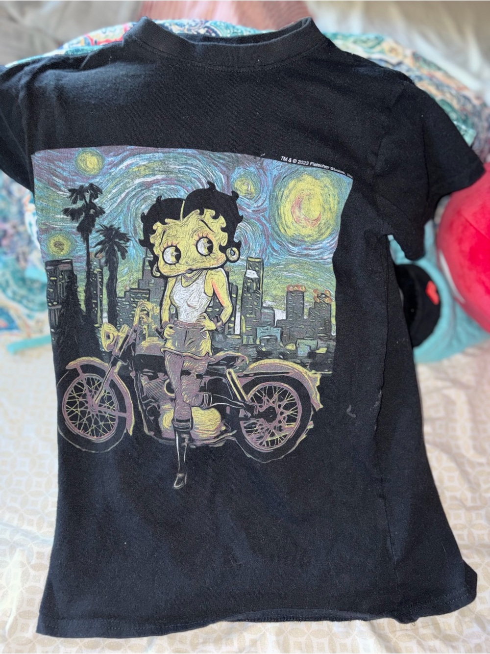 Betty Boop Black Tee with Neon City Motorcycle Graphic